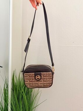 Juicy Couture Brown Logo Print Crossbody with Black Strap and mini bag